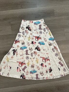 Cream Western-Print A-Line Midi Skirt